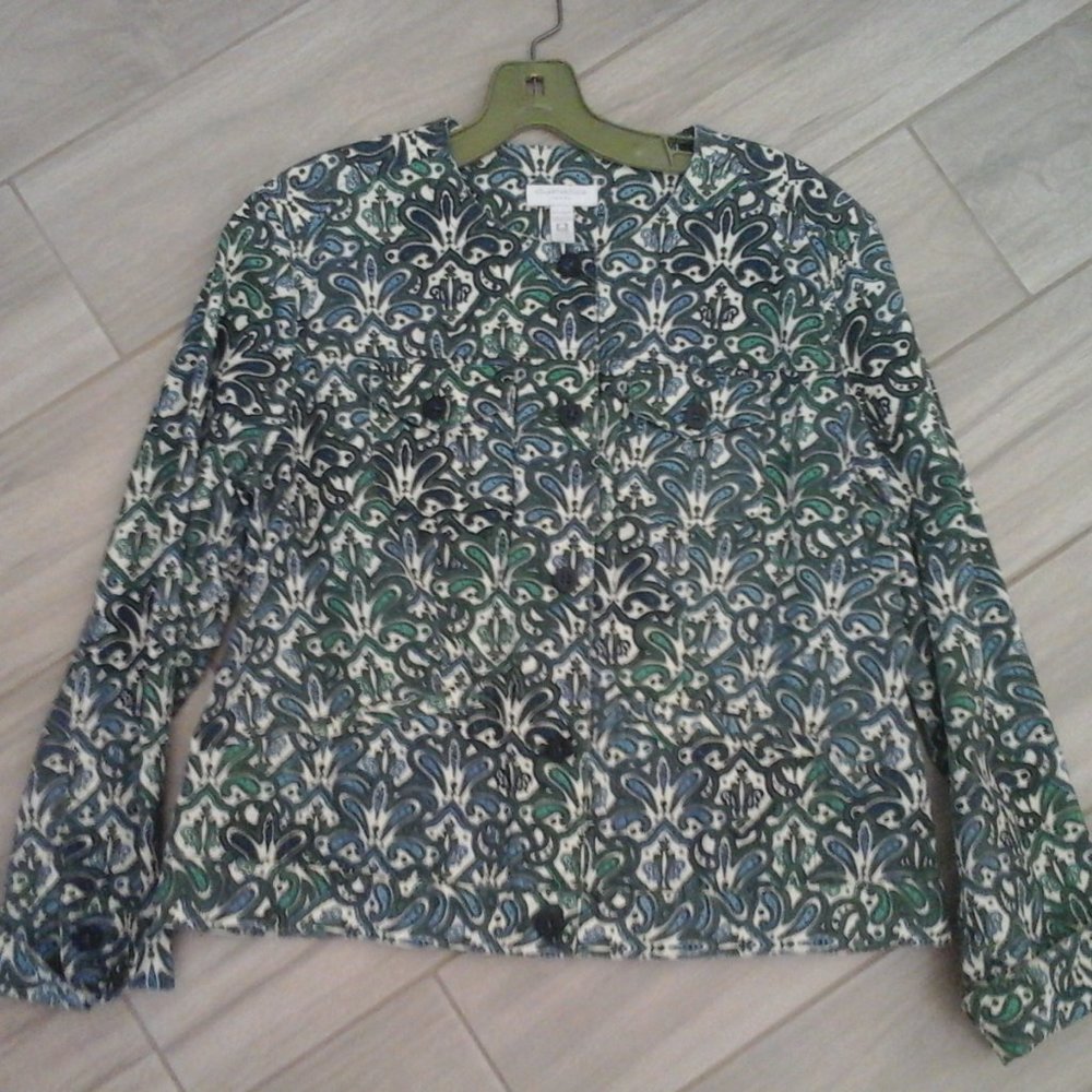 Charter Club Petite Blue/Green Paisley Cotton Jean Jacket.     Size PM (…